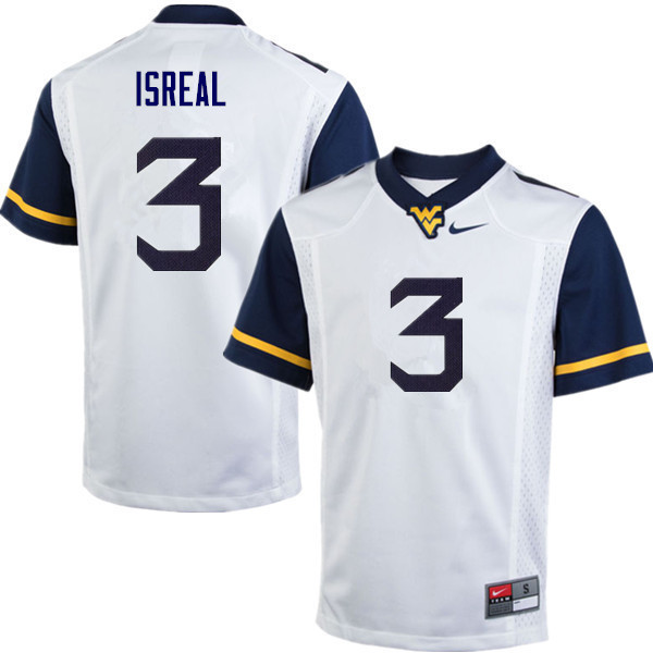 NCAA Men's David Isreal West Virginia Mountaineers White #3 Nike Stitched Football College Authentic Jersey YU23J68DN